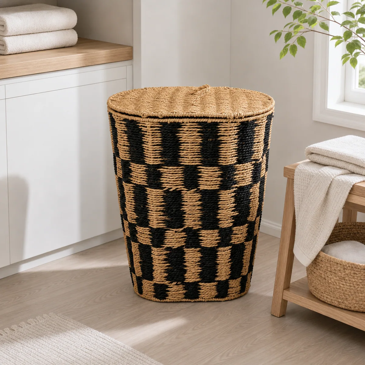 Natural and Black Paper Rope Oval Lidded Laundry Hamper