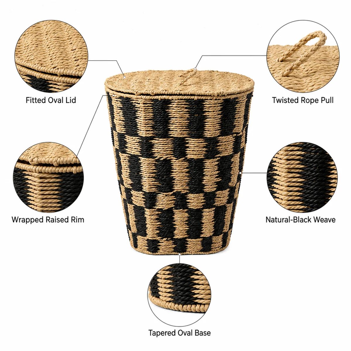 Natural and Black Paper Rope Oval Lidded Laundry Hamper