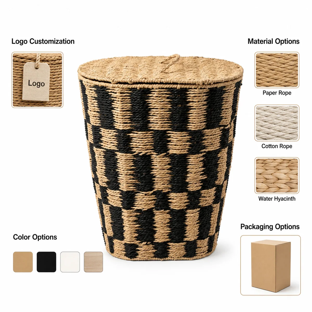 Natural and Black Paper Rope Oval Lidded Laundry Hamper