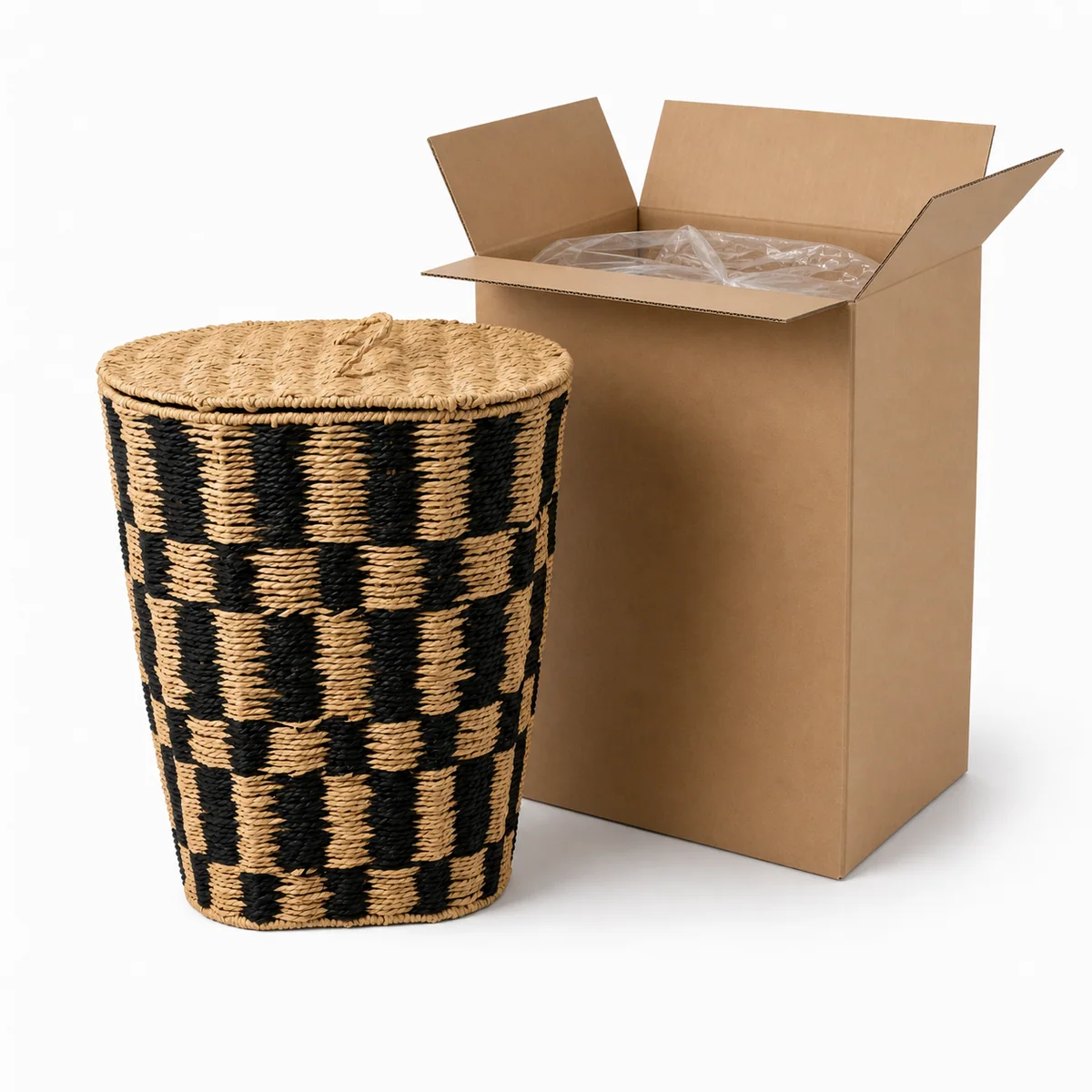 Natural and Black Paper Rope Oval Lidded Laundry Hamper