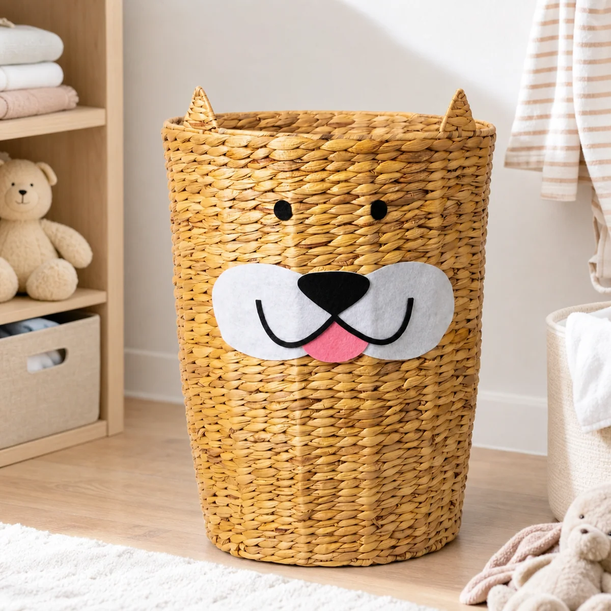 Honey Brown Water Hyacinth Round Dog Face Kids Laundry Hamper