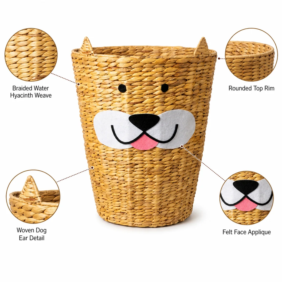 Honey Brown Water Hyacinth Round Dog Face Kids Laundry Hamper