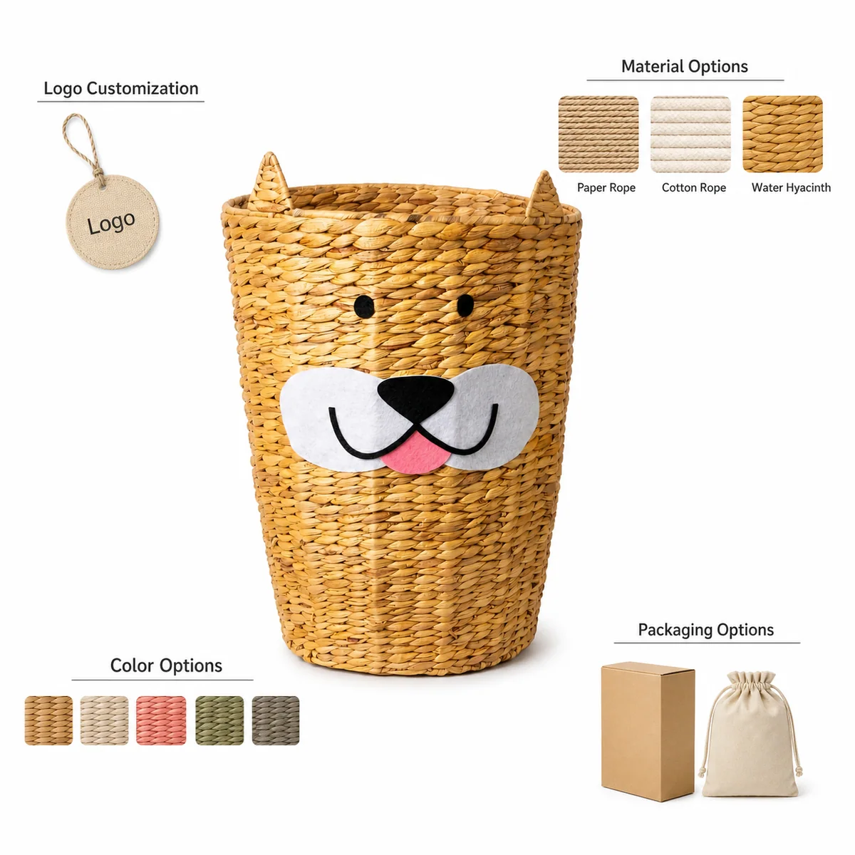 Honey Brown Water Hyacinth Round Dog Face Kids Laundry Hamper