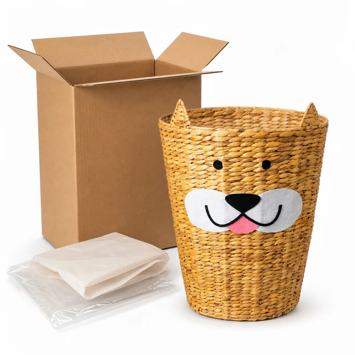 Honey Brown Water Hyacinth Round Dog Face Kids Laundry Hamper