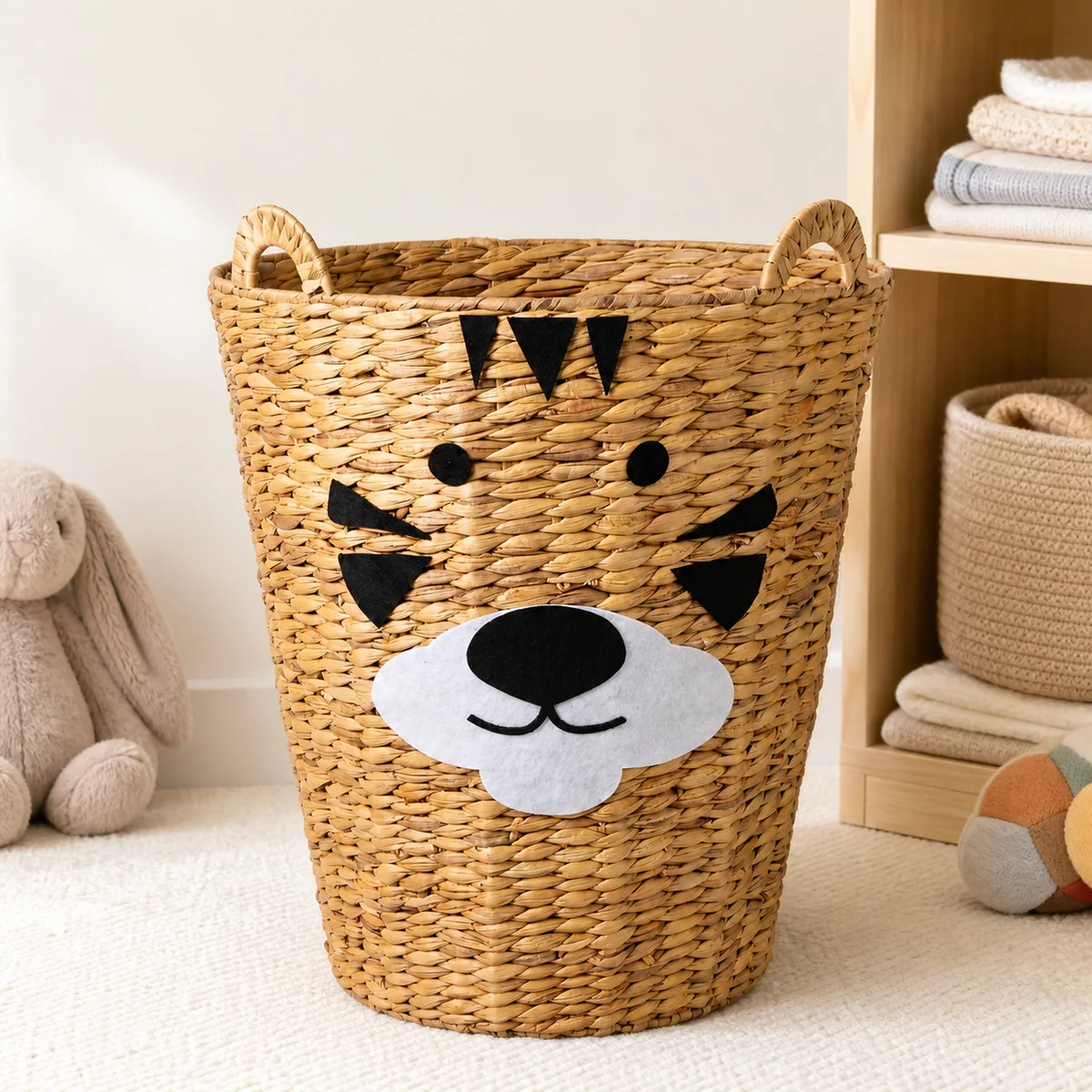 Honey Brown Water Hyacinth Round Tiger Face Kids Laundry Hamper