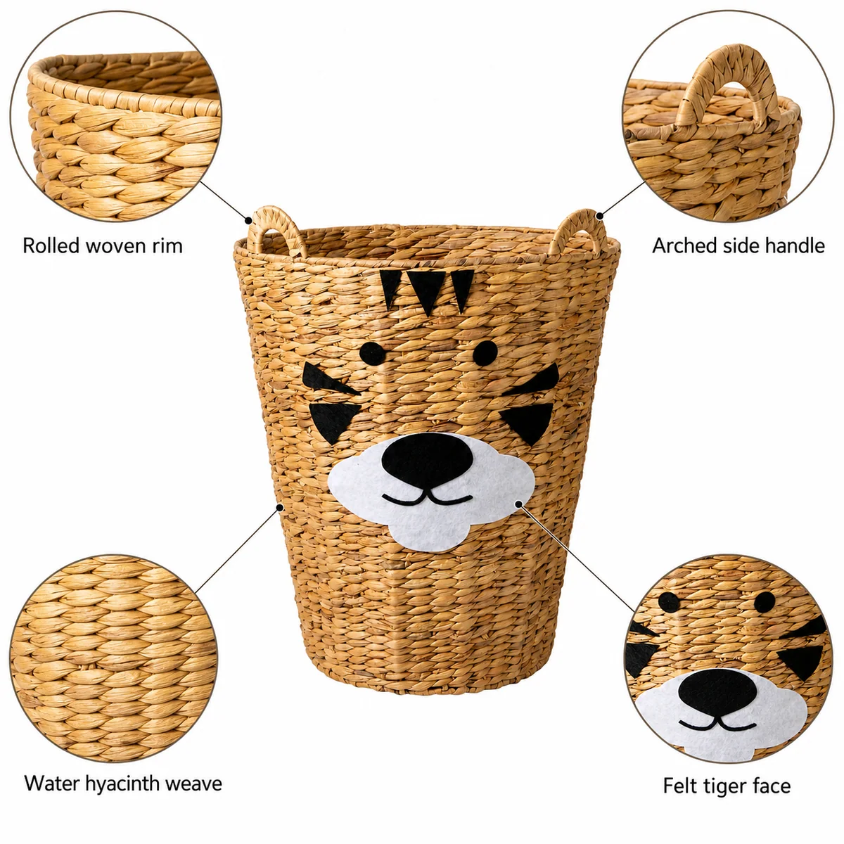 Honey Brown Water Hyacinth Round Tiger Face Kids Laundry Hamper
