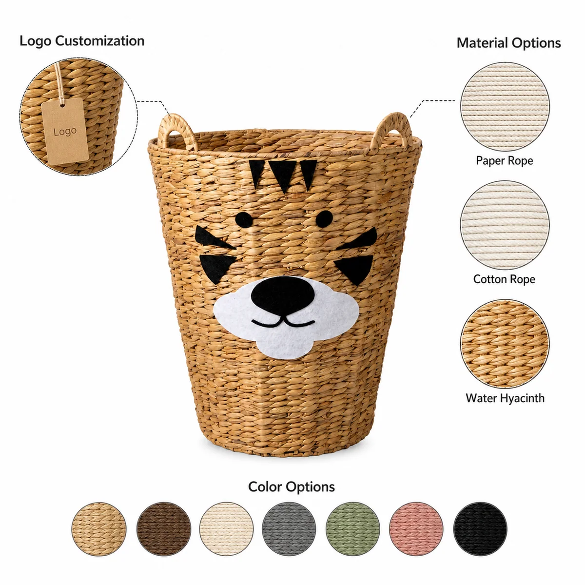 Honey Brown Water Hyacinth Round Tiger Face Kids Laundry Hamper