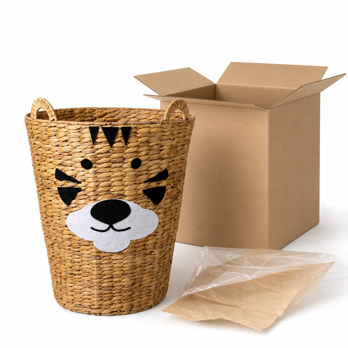 Honey Brown Water Hyacinth Round Tiger Face Kids Laundry Hamper