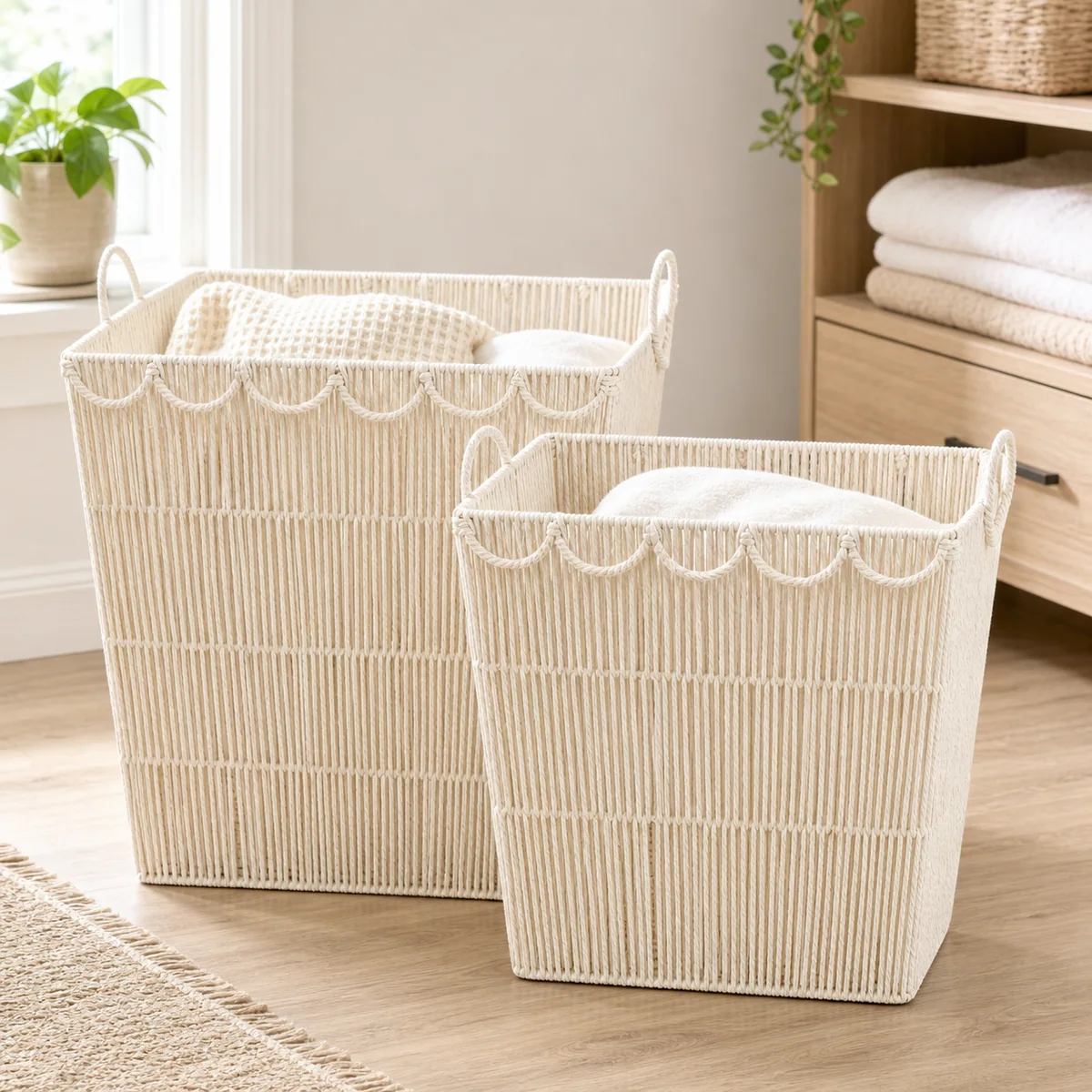 Natural White Paper Rope Rectangular 2-piece Nested Laundry Basket Set