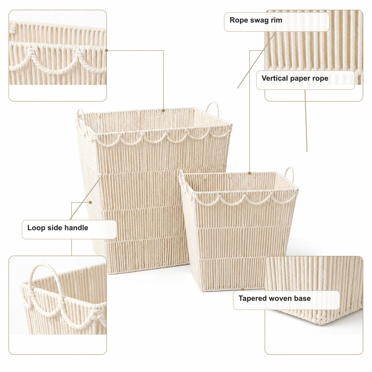 Natural White Paper Rope Rectangular 2-piece Nested Laundry Basket Set