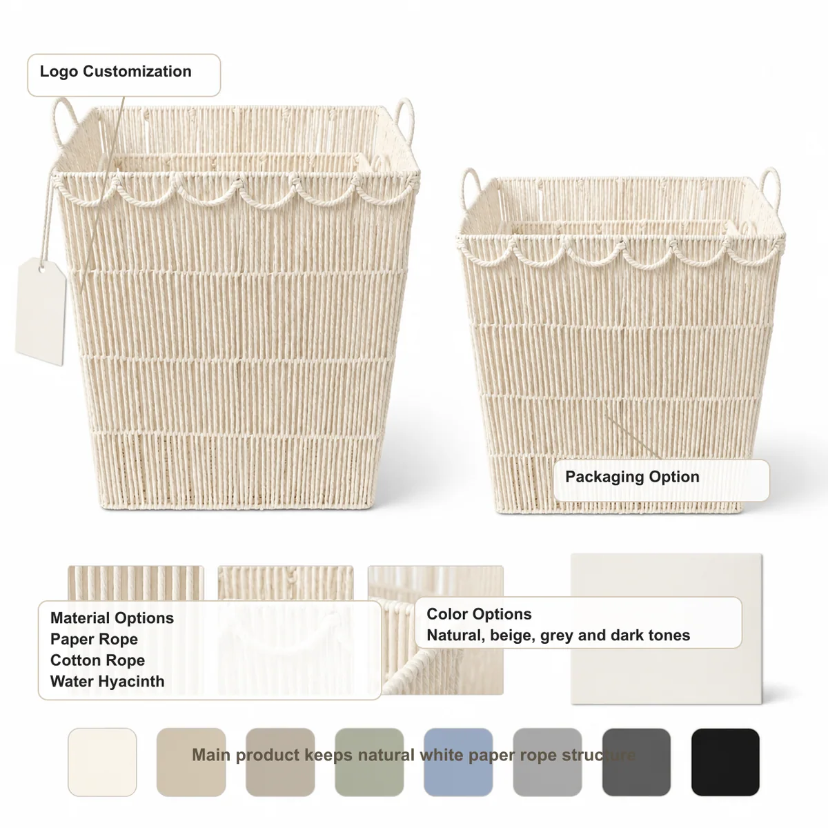 Natural White Paper Rope Rectangular 2-piece Nested Laundry Basket Set