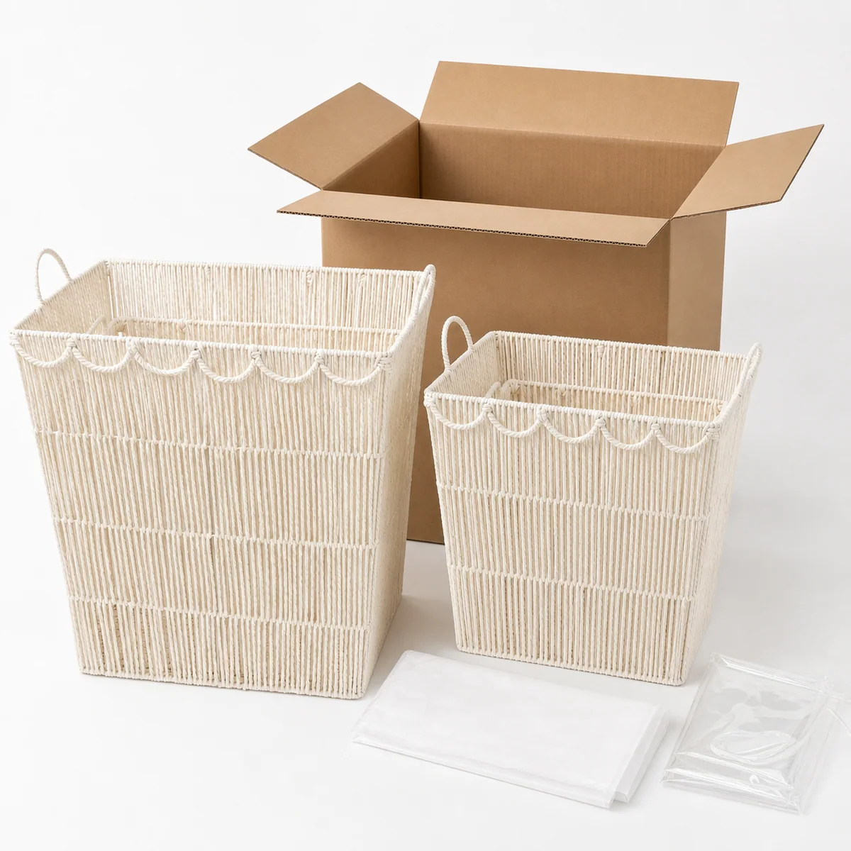 Natural White Paper Rope Rectangular 2-piece Nested Laundry Basket Set