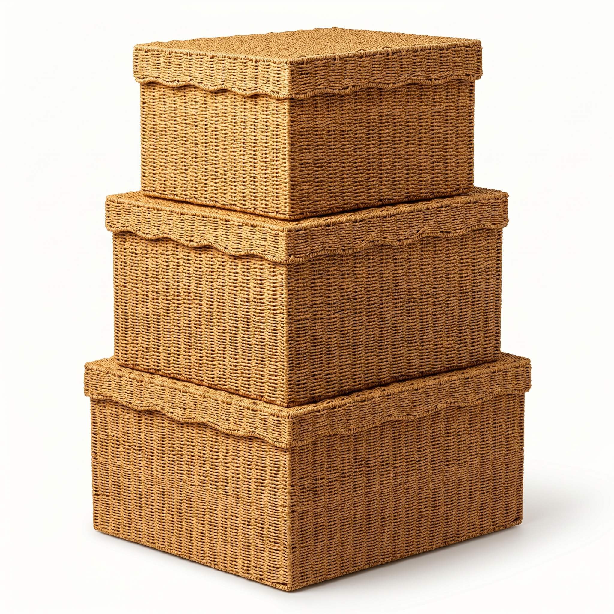 Natural Honey Brown Paper Rope Rectangular 3-Piece Lidded Storage Box Set